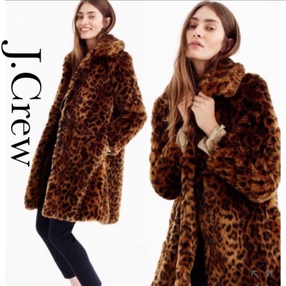 NWT J.Crew Faux Fur Leopard Print Long Teddy Coat